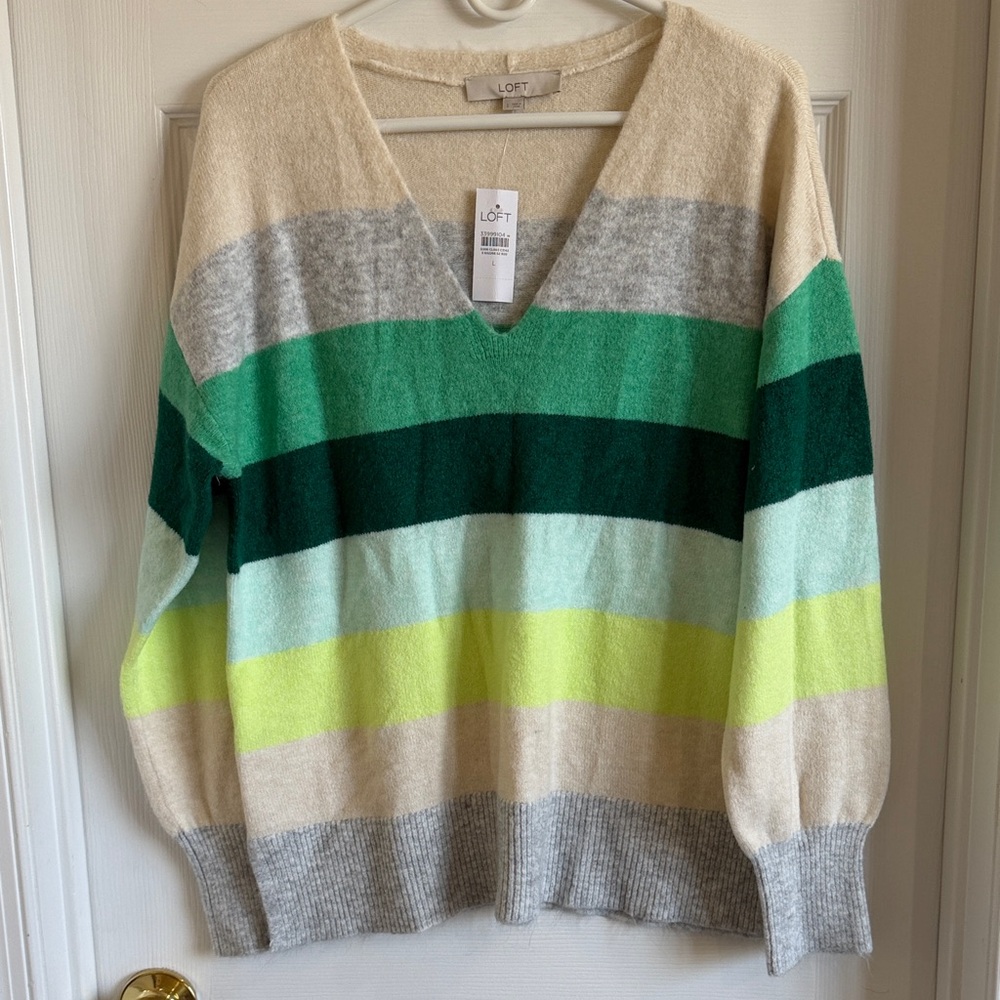 NWT LOFT Multi-Stripe V-Neck Sweater in Green, Cream, Gray and Lime